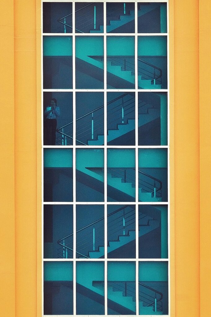 stair, windows, glass door, net, yellow, blue, skyscrapers, minimalism, tran thang nhat, 5 plus english